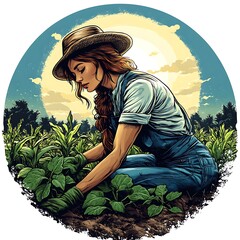 Woman plants garden, sunny field, rural scene