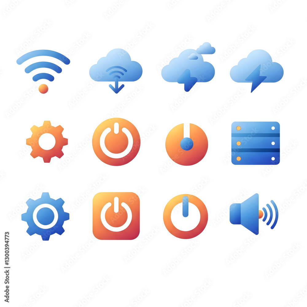 Poster Set of cloud computing and wireless network icons in various styles, representing data storage, internet connectivity, and digital communication for technology applications.