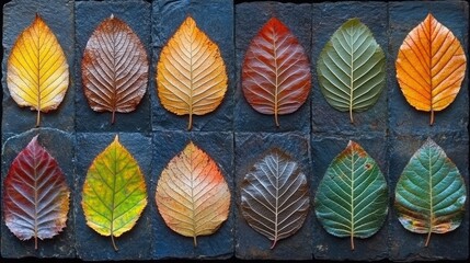 Autumn leaves arranged on slate, nature photography, fall colors, background texture