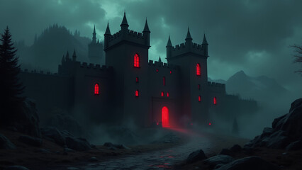 Ominous Castle with Glowing Red Windows