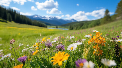 Obraz premium Colorful wildflowers flourish in a sun-drenched meadow, creating a peaceful atmosphere. Majestic mountains rise in the distance, illuminating the beauty of nature in full bloom