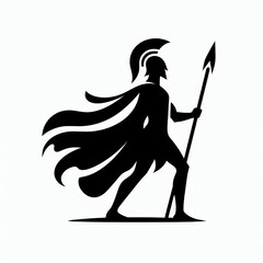 Silhouette of a Spartan warrior with a spear and cape, standing in a walking position.