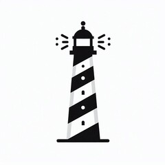 Black and white lighthouse icon, navigational aid, striped tower, beam light.