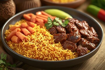 Fototapeta premium Close-up of a flavorful rice dish with seasoned beef cubes, glazed carrots, and green pepper served in a rustic bowl on a wooden table, ready to be enjoyed.