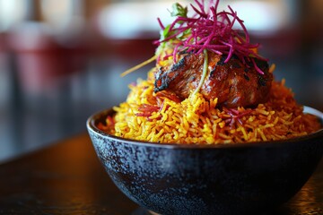 Exquisite rice dish with a perfectly grilled meat portion and decorative sprouts served in a stylish bowl against a blurred background, ready to be enjoyed.