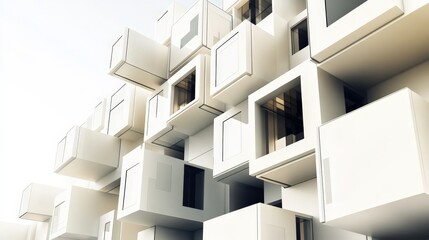stacked cubes, each one slightly rotated, forming a surreal architectural structure that appears to defy gravity.