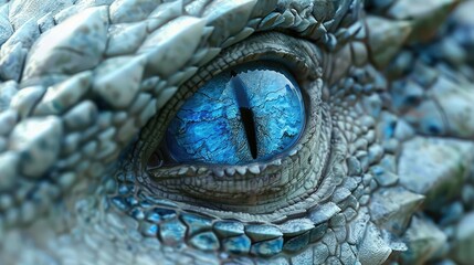 Close-up of a dragon's eye showcasing intricate scales and vibrant blue hues, set against a blurred natural background