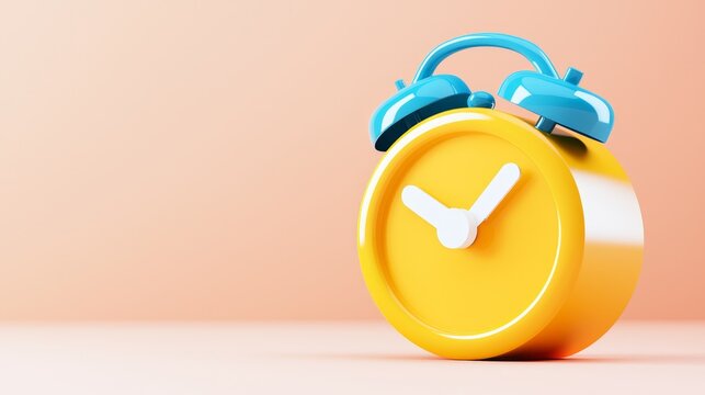 A colorful yellow alarm clock with blue bells, set against a soft peach background, emphasizing themes of time and punctuality.