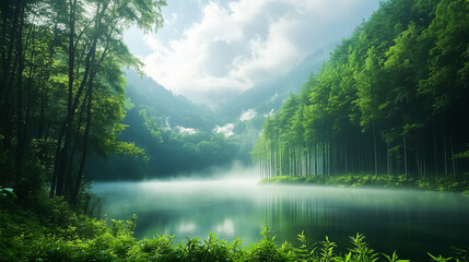 Mist gently swirls among towering bamboo stalks as the soft light of dawn filters through the foliage. Calm waters reflect the serene atmosphere, creating a perfect moment of tranquility