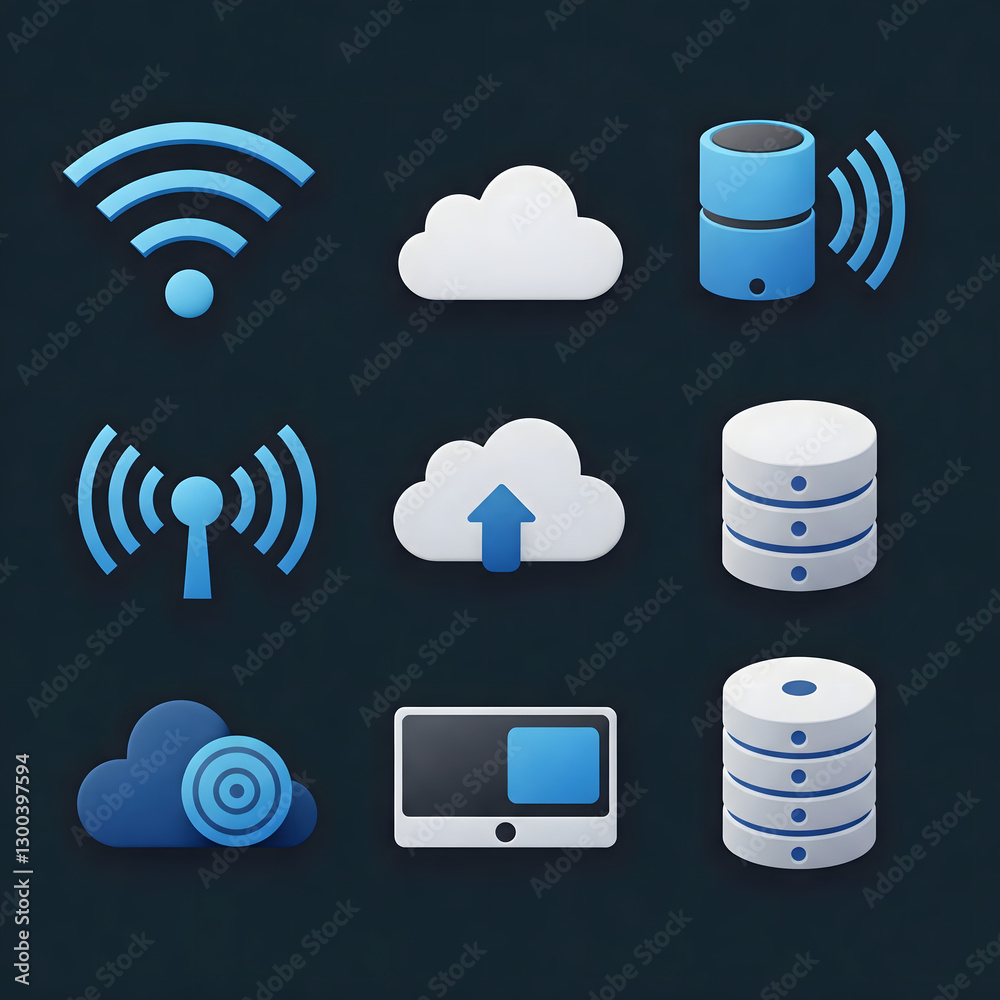 Poster Set of cloud computing and wireless network icons in various styles, representing data storage, internet connectivity, and digital communication for technology applications.