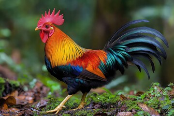 Fototapeta premium Vibrant rooster walking through a lush rainforest, surrounded by greenery and soft light