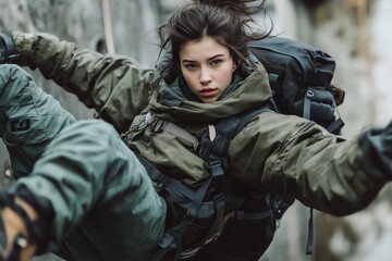 Obraz premium Young Adventurous Woman on a Mountain Climbing Expedition