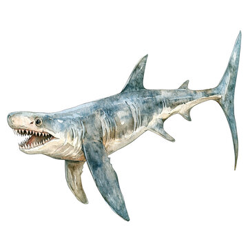 This is a watercolor illustration showcasing a large predatory shark with a detailed artistic style.