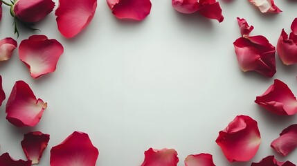 Red rose petals arranged around a white surface for framing
