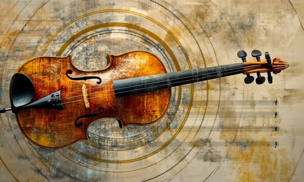 Abstract Artistic Representation of a Vintage Violin on a Textured Background with Circular Designs