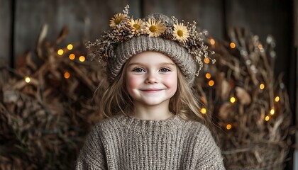 Girl smiles in rustic flower crown backdrop