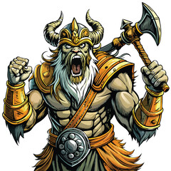 A ferocious Viking berserker, muscles bulging, roars defiantly, his battle-axe raised high, mid-battle fury captured in a dramatic pose.