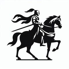 Black and white illustration of a medieval knight on horseback, galloping.