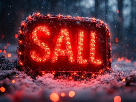 Red Glowing 'SALL' Sign in Winter Snowfall Setting A Festive Seasonal Sale Advertisement Atmosphere in the Forest
