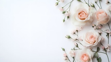 Beautiful roses and delicate floral arrangements on a white background