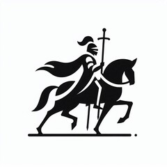 Silhouette of a knight on horseback, holding a sword, galloping.