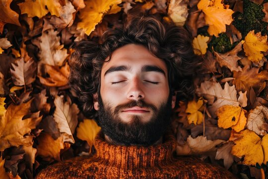 Autumn Serenity: A Man Finds Tranquility Amidst Falling Leaves. Peaceful, Calm, and Serene Atmosphere.