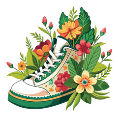 A vintage sneaker, completely enveloped by vibrant, blooming flowers, rests on a rustic wooden surface.  The scene evokes nostalgia and beauty.