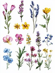 Wild flowers vector collection. herbs, h erbaceous flowering plants, blooming flowers, subshrubs isolated on white background. Hand drawn detailed botanical vector illustration.