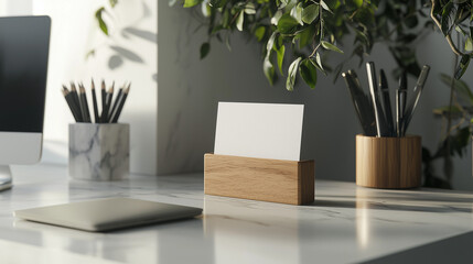 Elegant Business Card Mockup in Stylish Holder on White Marble Desk with Modern Office Accessories