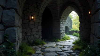Obraz premium Serene Stone Corridor in Ancient Castle