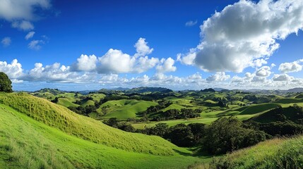 Naklejka premium Panoramic view of gentle green hills under a vivid blue sky, with fluffy white clouds casting soft shadows on the vibrant landscape