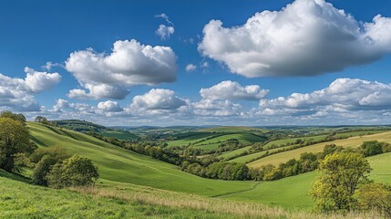 Naklejka premium Rolling green hills under a bright blue sky with soft, fluffy clouds floating above, exuding calmness and simplicity in a panoramic view