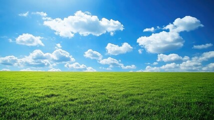 Obraz premium Rolling green landscapes stretch into the horizon under a crisp blue sky with fluffy white clouds, capturing the essence of simplicity