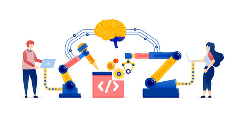 Illustration of People Using Machines Assisted by AI Brains to Enhance Production Tools and Develop New Programming Languages for Advanced Learning Machine Applications