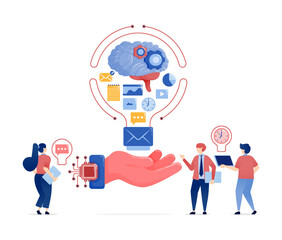 Illustration of People Using AI and Chip-Powered Machines to Process Data and Spark Ideas, Inspiring Work through the Fusion of Chip Hands, Brains, and Light Bulbs