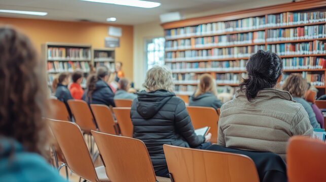 A public library hosting a mental health awareness event with guest speakers and workshops.