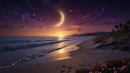 Obraz premium dreamlike illustration of a serene beach at night, illuminated by a glowing crescent moon. The sky is deep blue with vibrant stars and sparkling golden light forming a magical atmosphere