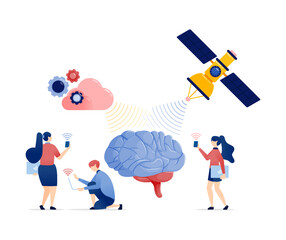 Illustration of People Connected to a Network Powered by Artificial Intelligence with Wireless Cloud and Satellite Connectivity for Global Data Exchange