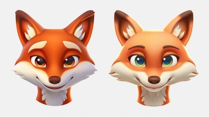 Fototapeta premium Two stylized fox head models showcasing different expressions and designs against a neutral background