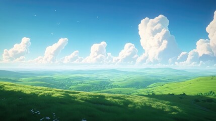 Obraz premium A breathtaking wide-angle shot of lush green hills stretching into the horizon, with a vibrant blue sky and puffy white clouds overhead