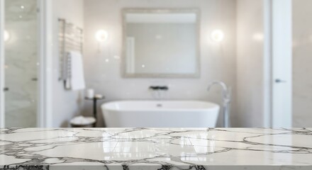 Marble table top with blurred bathroom interior background
