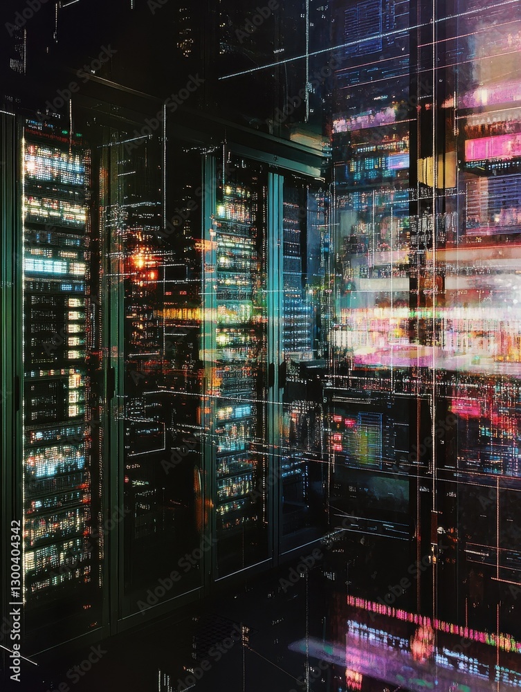 Poster of a server room with a digital overlay of mobile device management data and network connections.