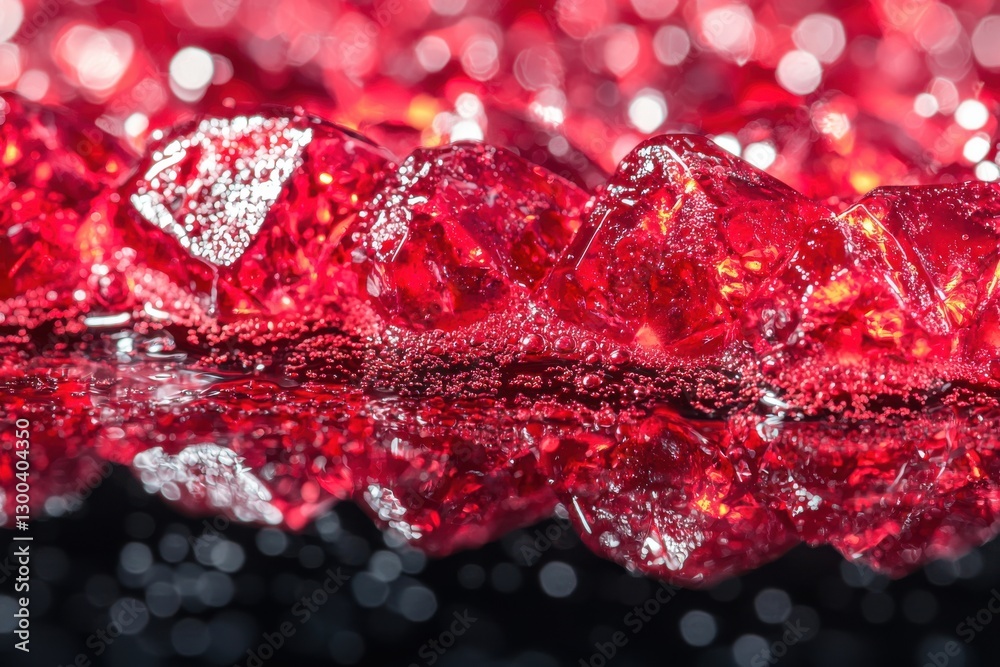 Poster close-up of vibrant red jelly crystals submerged in sparkling water, creating a mesmerizing effect w
