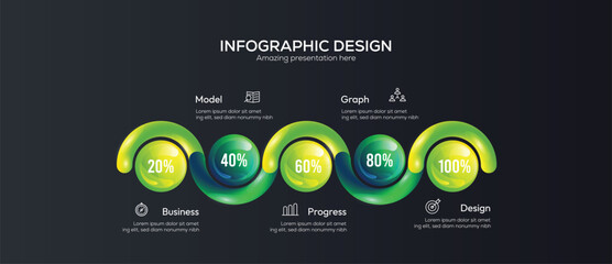 Business 5 option infographic presentation vector 3D colorful balls illustration. It features five circular elements with a 3D glassmorphism or neomorphism effect, gradient-filled background