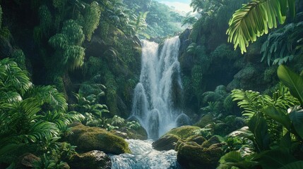 A lush jungle waterfall flowing over moss-covered stones, surrounded by vibrant green foliage and tropical plants in a serene rainforest