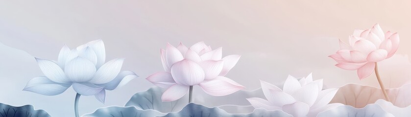 Obraz premium Soft pastel lotus flowers floating over a minimalist monochrome Japanese pattern, embodying simplicity and purity