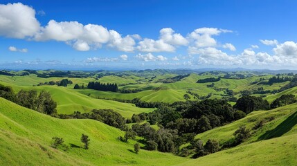 Obraz premium A panoramic view of rolling green hills under a bright blue sky dotted with fluffy white clouds, creating a serene and peaceful atmosphere