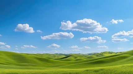 Obraz premium A peaceful panoramic view of lush green hills under a clear blue sky, with soft white clouds creating a serene and refreshing mood