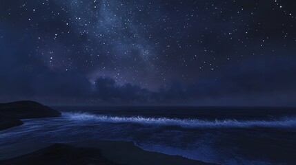 Fototapeta premium A star-filled sky above a peaceful beach, where the sound of waves crashing provides a soothing soundtrack to the breathtaking view of the night sky.