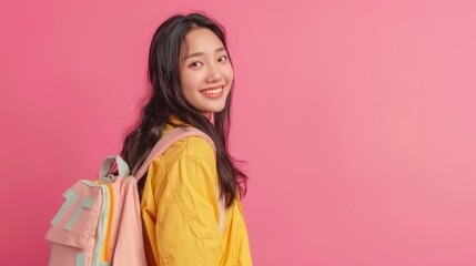 Young woman smiling with a backpack against a vibrant pink background, embodying joy and youthful energy